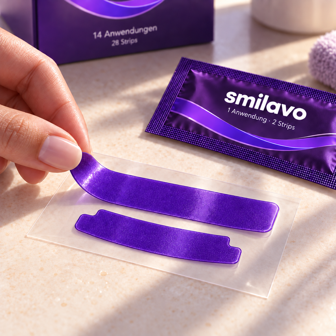 Zwei violette SMILAVO-Strips auf transparenter Trägerfolie mit einzelnem Sachet.